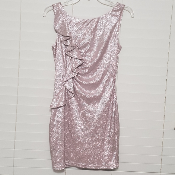 Adrianna Papell small pink foil complete stretch ruffle trim ruched party dress - Picture 4 of 12